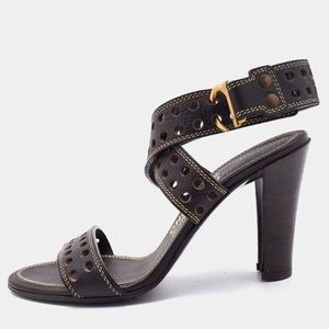 Salvatore Ferragamo Brown Leather Perforated Ankle Strap Sandals EUC